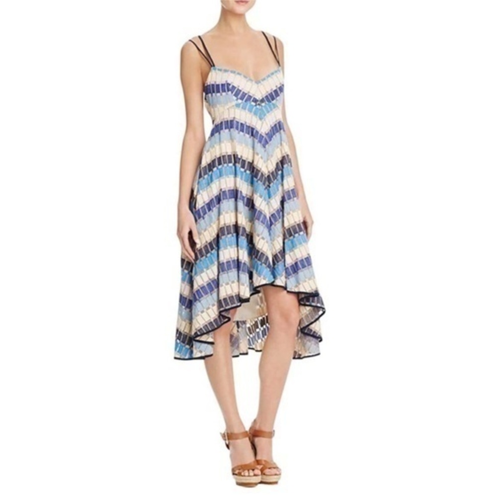 Milly Lolette Midi Trapeze Dress in Marina Blue Multi Woven Chevron NWT Womens 8